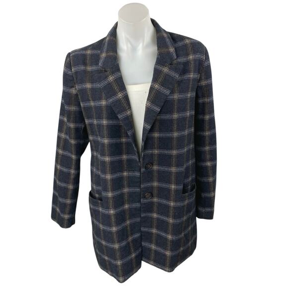 Habitual Black Wool Plaid Flannel Notch Collar Long Sleeve Blazer Coat Jacket L - Picture 1 of 4